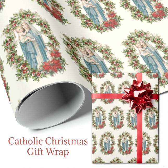 Papel De Regalo Navidades Virgen María Jesús Poinsettia Rosary (Traditional Catholic Blessed Virgin Mary Baby Jesus Red Poinsettias and Holy Rosary. )