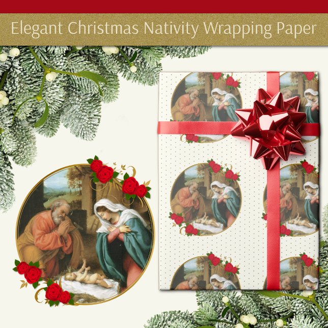 Papel De Regalo Navidades Virgin Mary Baby Jesus Joseph Nativity W (Christmas Nativity birth of Jesus with Mary and Joseph. Accented with red roses)