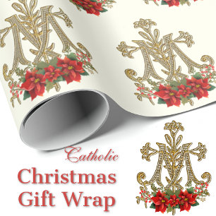 Papel De Regalo Navidades Virgin Mary Monogram Poinsettia
