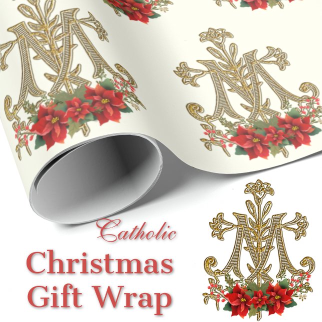 Papel De Regalo Navidades Virgin Mary Monogram Poinsettia (Catholic Blessed Virgin Mary Marian Cross with Poinsettia Gift Wrap)