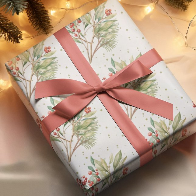 Papel De Regalo Navidades Watercolor Red Holly Greenery (With red holly berries and watercolor greenery. )