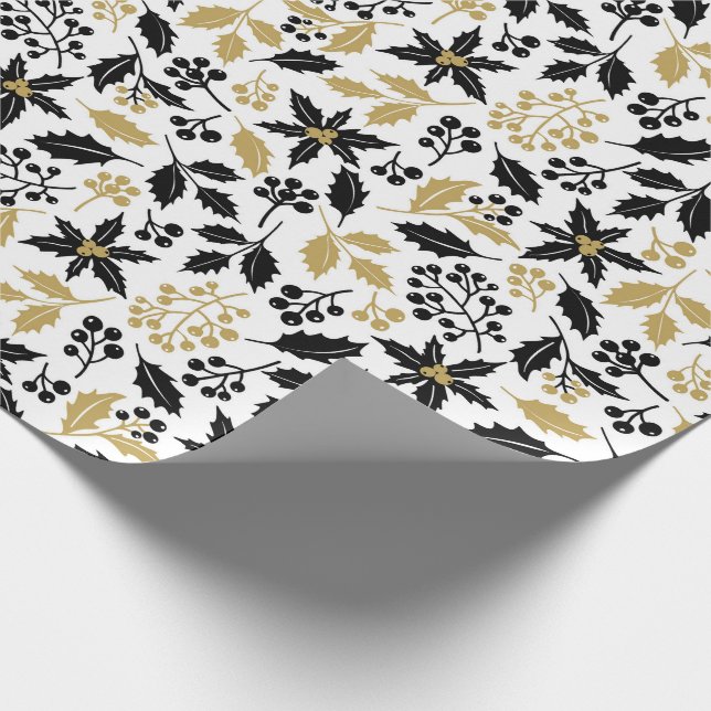 Papel De Regalo Navidades White Black Gold Holly Botánico (Esquina)