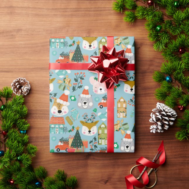 Papel De Regalo Navidades Woodland Festiry Furry Friends Blue (Regalo de vacaciones)