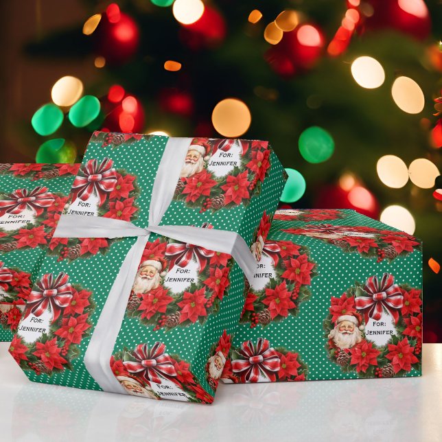 Papel De Regalo Navidades Wreath Add Name Classic Santa Red Green (Subido por el creador)