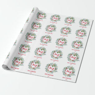 Papel De Regalo Navidades Wreath Holly Berry Joy Holidays Monogram
