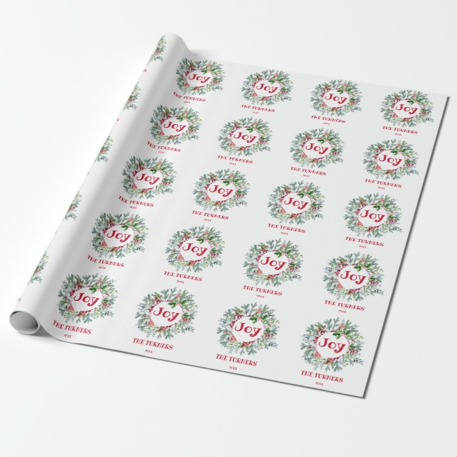 Papel De Regalo Navidades Wreath Holly Berry Joy Holidays Monogram (Desenrollado)