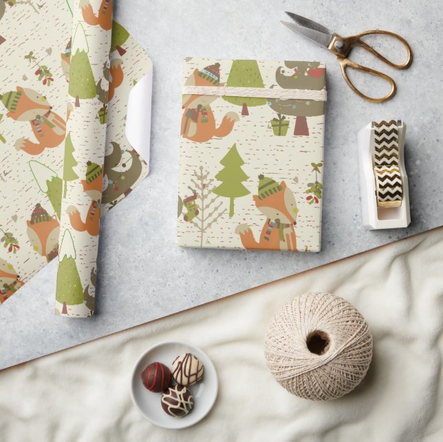 Papel De Regalo Navidades zorros y árboles rústicos (Artesanía)