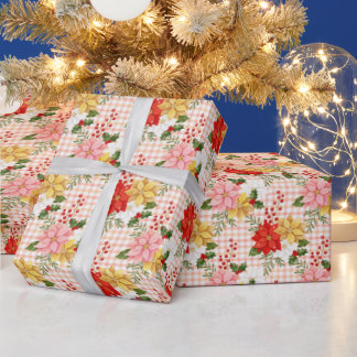 Papel de regalo navideño a cuadros con poinsettia