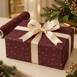 Papel de regalo navideño botánico de oro Burdeos
