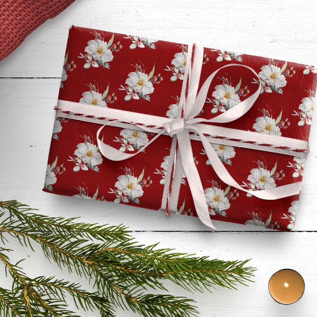 Papel de Regalo Navideño Botánico Rojo (Boho Chic Watercolor Floral Botanical Christmas Holiday Wrapping Paper by Painted Paperie)