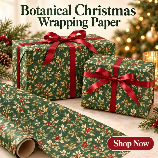 Papel de regalo navideño botánico verde bosque (Christmas Wrapping Paper with Forest Green Botanicals & Red Berries)