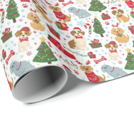 Papel de regalo navideño con cachorros adorables