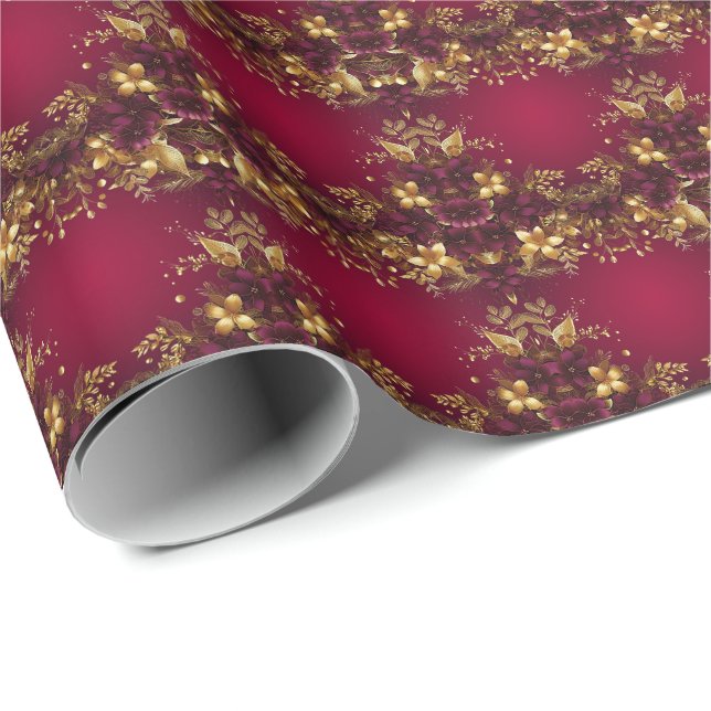Papel de regalo navideño con flores rojas borgoña  (Esquina del rollo)