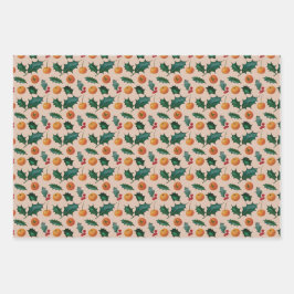 Papel de regalo navideño con frutas y acebo, rosa