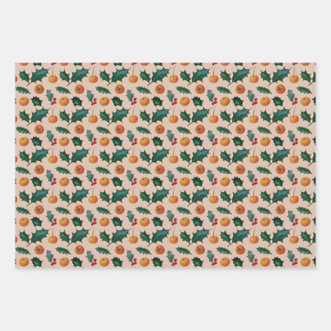 Papel de regalo navideño con frutas y acebo, rosa (Anverso)