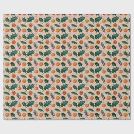 Papel de regalo navideño con frutas y acebo, rosa
