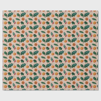 Papel de regalo navideño con frutas y acebo, rosa