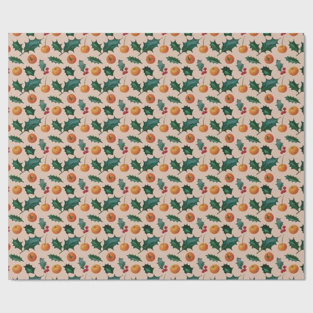 Papel de regalo navideño con frutas y acebo, rosa (Superficie plana)