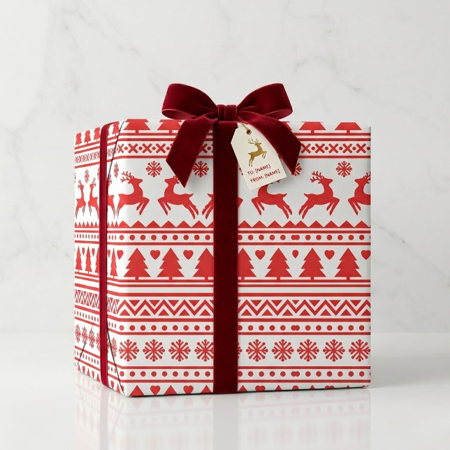 Papel de Regalo Navideño con Patrón de Reno Rojo y (Bring the sweater look home.)