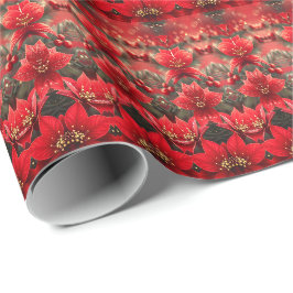 Papel de regalo navideño con poinsettias rojas y b