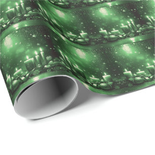 Papel de regalo navideño con velas verdes