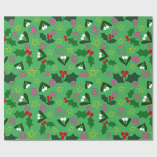 Papel de regalo navideño de acebo y muérdago
