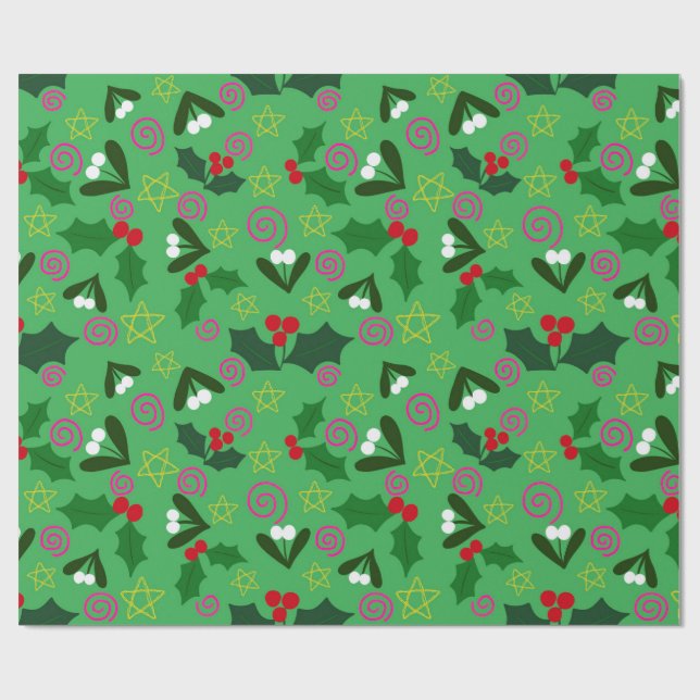 Papel de regalo navideño de acebo y muérdago (Superficie plana)
