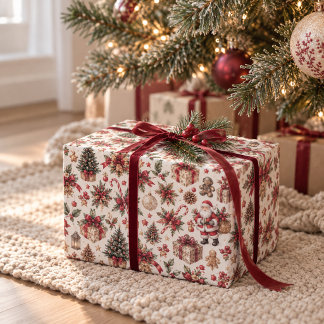 Papel de regalo navideño de Santa y regalos