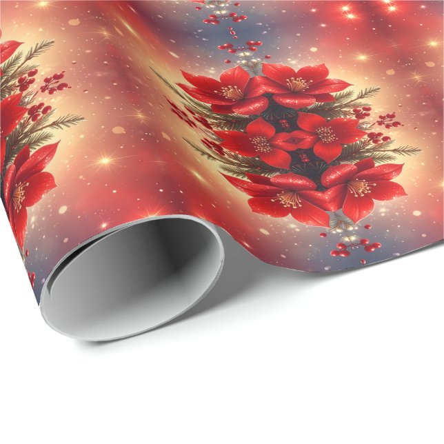 Papel de regalo navideño floral rojo (Esquina del rollo)
