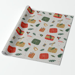 Papel de regalo navideño ilustrado gris rojo y dor
