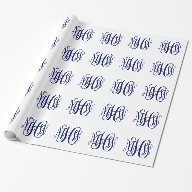Papel De Regalo Navy Blue 3 Iniciales Vine Script Monograma DIY BG (Desenrollado)