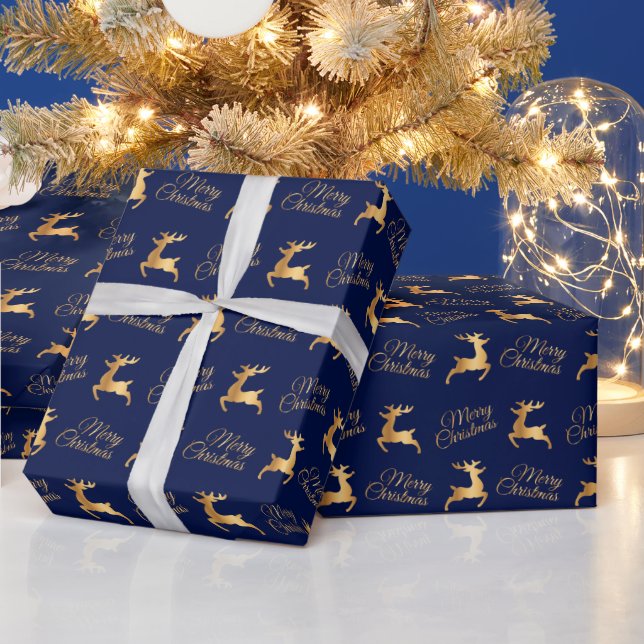 Papel De Regalo Navy Blue and Gold Christmas Reindeers (Vacaciones)