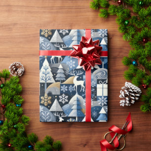 Papel De Regalo Navy Blue Gold Nordic Christmas Forest Pattern
