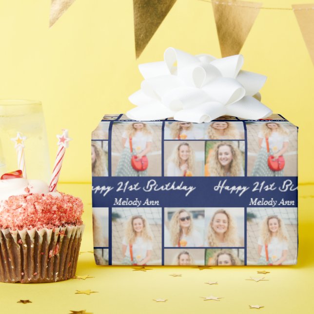 Papel De Regalo Navy Blue Happy Birthday Photo Collage (Fiesta de cumpleaños )