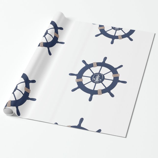 Papel De Regalo Navy Blue Ship Wheel Nautical (Desenrollado)