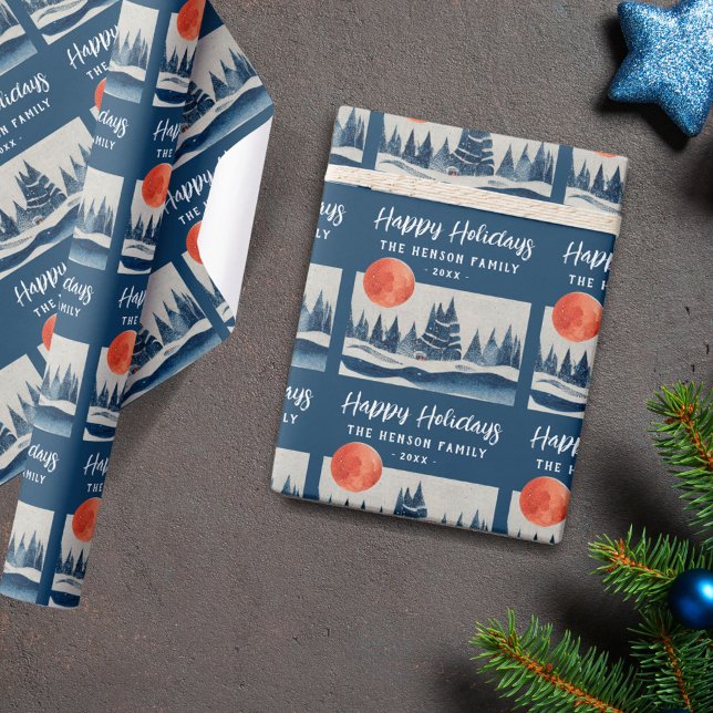 Papel De Regalo Navy Blue Winter Landscape Forest Moon Drawing  (Subido por el creador)