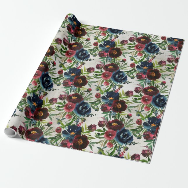 Papel De Regalo Navy Bordeaux Peonies Blooming Jardín Pap (Desenrollado)