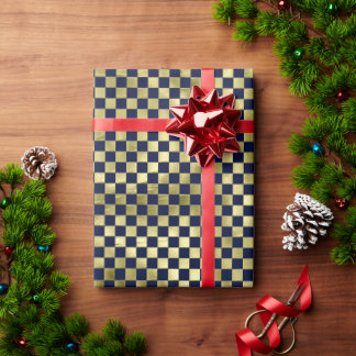 Papel De Regalo Navy gold metallic checker pattern Christmas