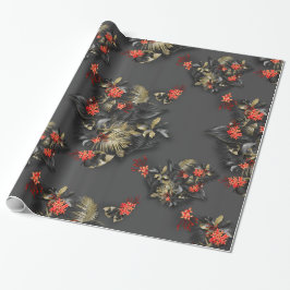 Papel De Regalo Negrita Exótica Crimson Tropical Gold Black Foliag