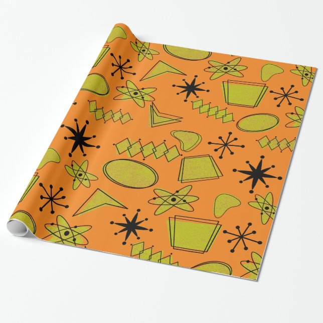 Papel De Regalo Negro atómico y amarillo sobre el Naranja (Desenrollado)