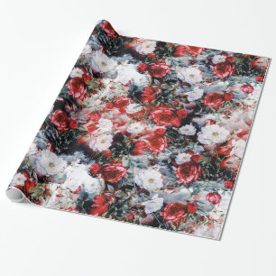 Papel De Regalo Negro blanco floral de los rosas rojos del