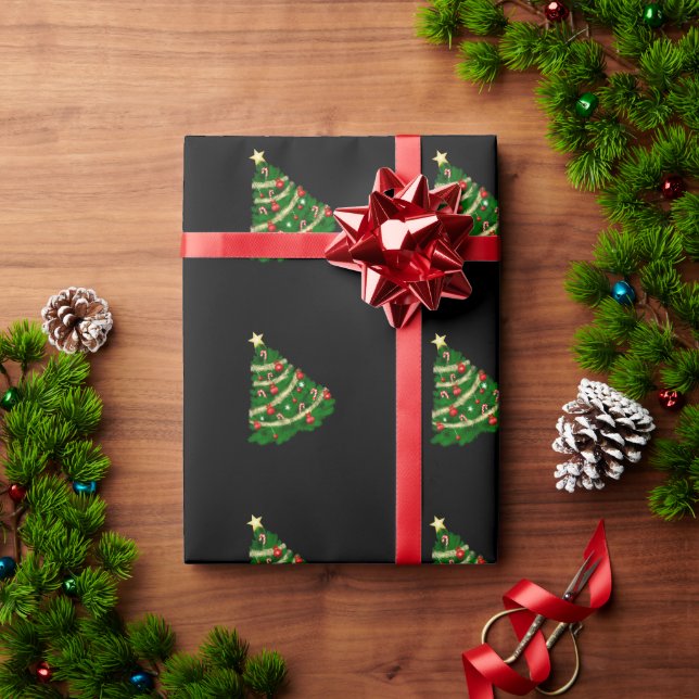 Papel de regalo negro con árbol de Navidad (Regalo de vacaciones)