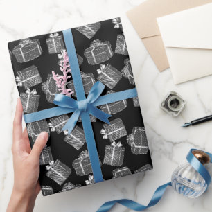 Papel De Regalo negro con dibujo de cajas de regalos