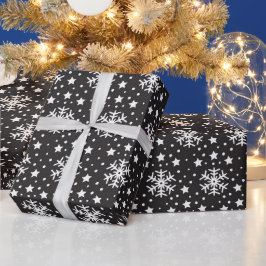 PAPEL DE REGALO NEGRO CON NAVIDADES BLANCOS FESTIVOS SNOWFLAKES