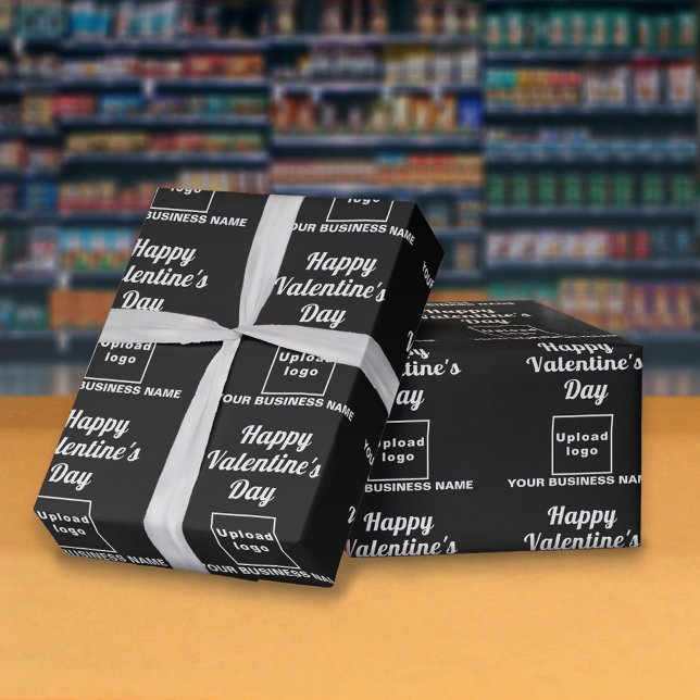Papel de regalo negro de San Valentín empresarial (Business name and logo with Happy Valentine's Day greeting on black wrapping paper in store.)