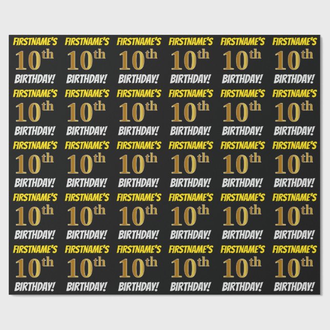 Papel De Regalo Negro, Faux/Imitation Gold, "10th BIRTHDAY" (Superficie plana)