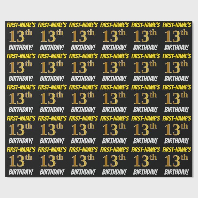 Papel De Regalo Negro, Faux/Imitation Gold, "13th BIRTHDAY" (Superficie plana)