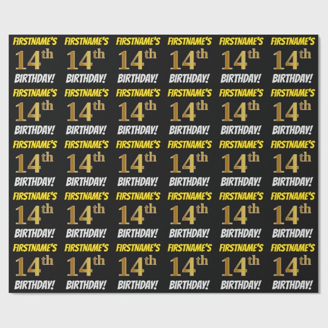 Papel De Regalo Negro, Faux/Imitation Gold, "14th BIRTHDAY" (Superficie plana)