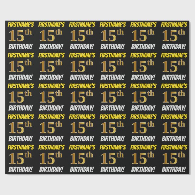 Papel De Regalo Negro, Faux/Imitation Gold, "15th BIRTHDAY" (Superficie plana)