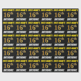 Papel De Regalo Negro, Faux/Imitation Gold, "16th BIRTHDAY"